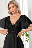 Black A-Line V Neck Long Ball Dress with Sequins