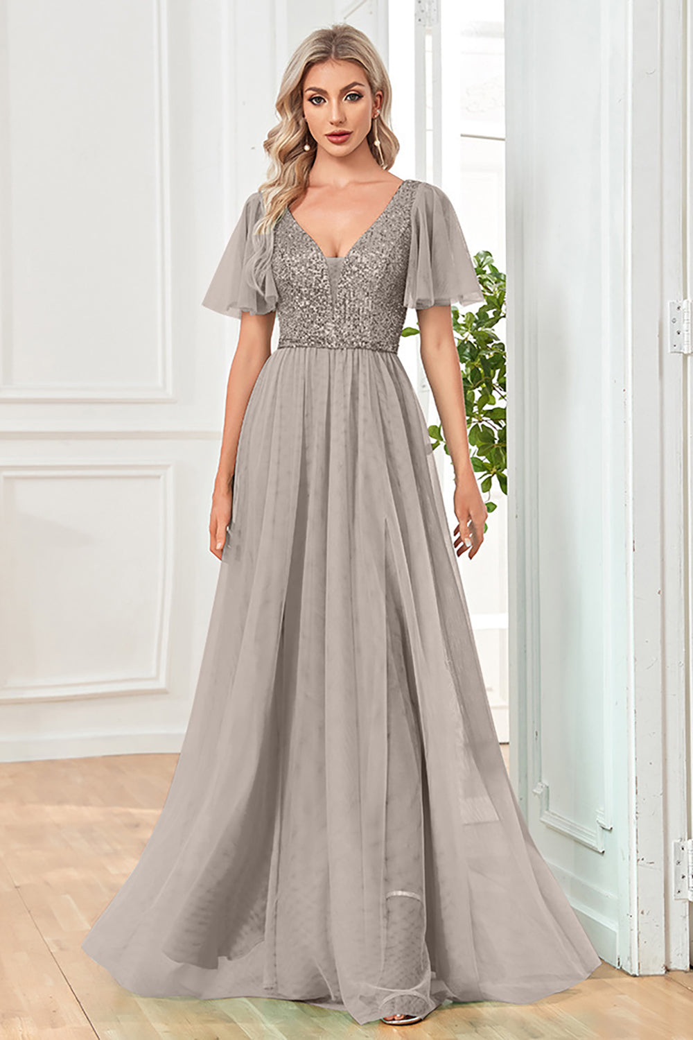 Black A-Line V Neck Long Ball Dress with Sequins