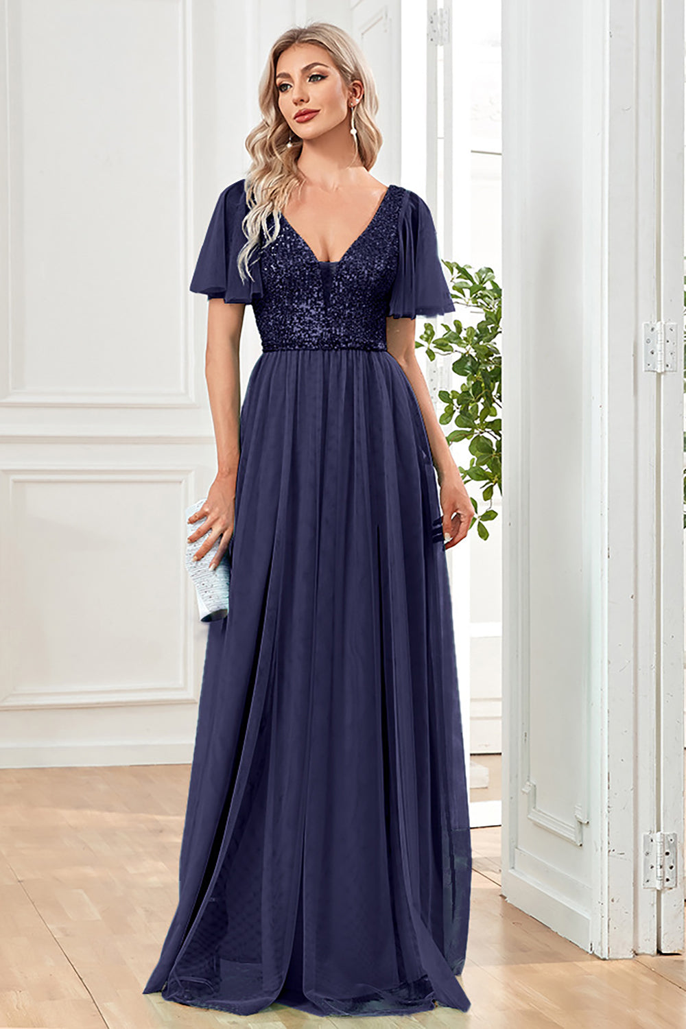 Black A-Line V Neck Long Ball Dress with Sequins