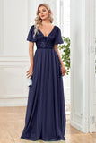 Black A-Line V Neck Long Ball Dress with Sequins
