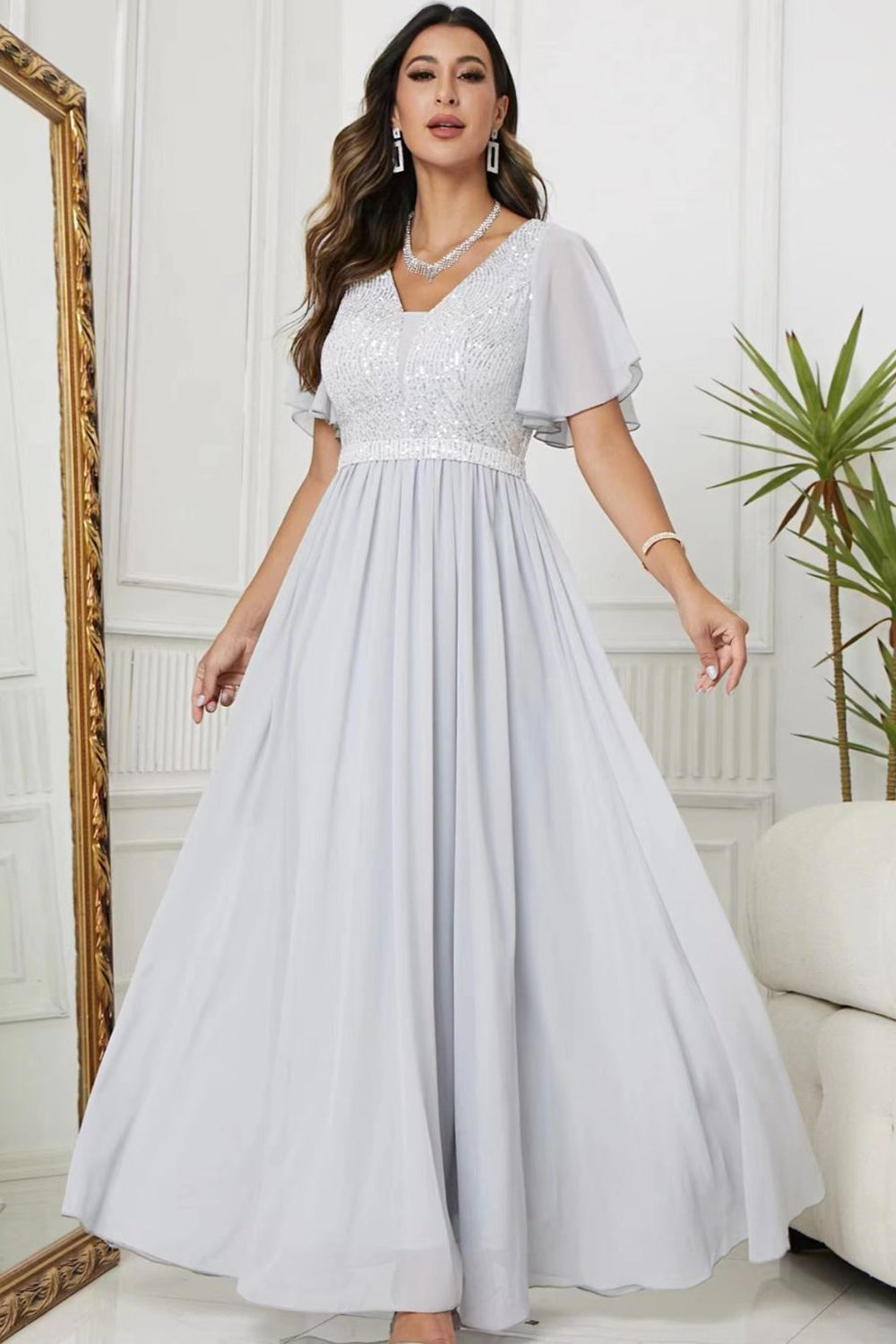 Black A-Line V Neck Long Ball Dress with Sequins