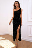 Mermaid Dark Green One Shoulder Sequins Ball Dress with Slit