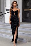 Black Mermaid Spaghetti Straps Sequin Ball Dress with Slit