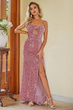 Black Mermaid Spaghetti Straps Sequin Ball Dress with Slit