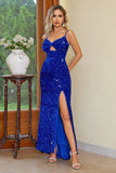 Black Mermaid Spaghetti Straps Sequin Ball Dress with Slit