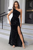 Black Mermaid One Shoulder Sequin Long Ball Dress with Slit