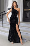 Black Mermaid One Shoulder Sequin Long Ball Dress with Slit