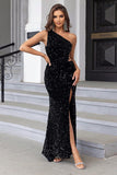 Black Mermaid One Shoulder Sequin Long Ball Dress with Slit