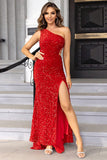 Black Mermaid One Shoulder Sequin Long Ball Dress with Slit