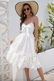 White A-Line Spaghetti Straps Hollow Summer Dress With Bowknot
