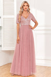 Dusty Rose A-Line V Neck Tulle Ball Dress with Short Sleeves