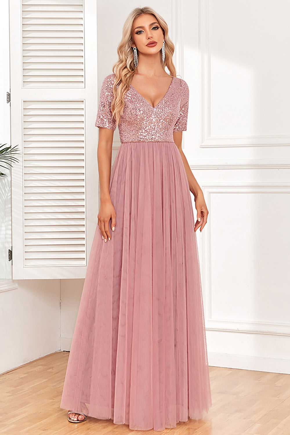 Dusty Rose A-Line V Neck Tulle Ball Dress with Short Sleeves