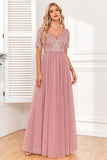 Dusty Rose A-Line V Neck Tulle Ball Dress with Short Sleeves