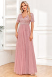 Dusty Rose A-Line V Neck Tulle Ball Dress with Short Sleeves