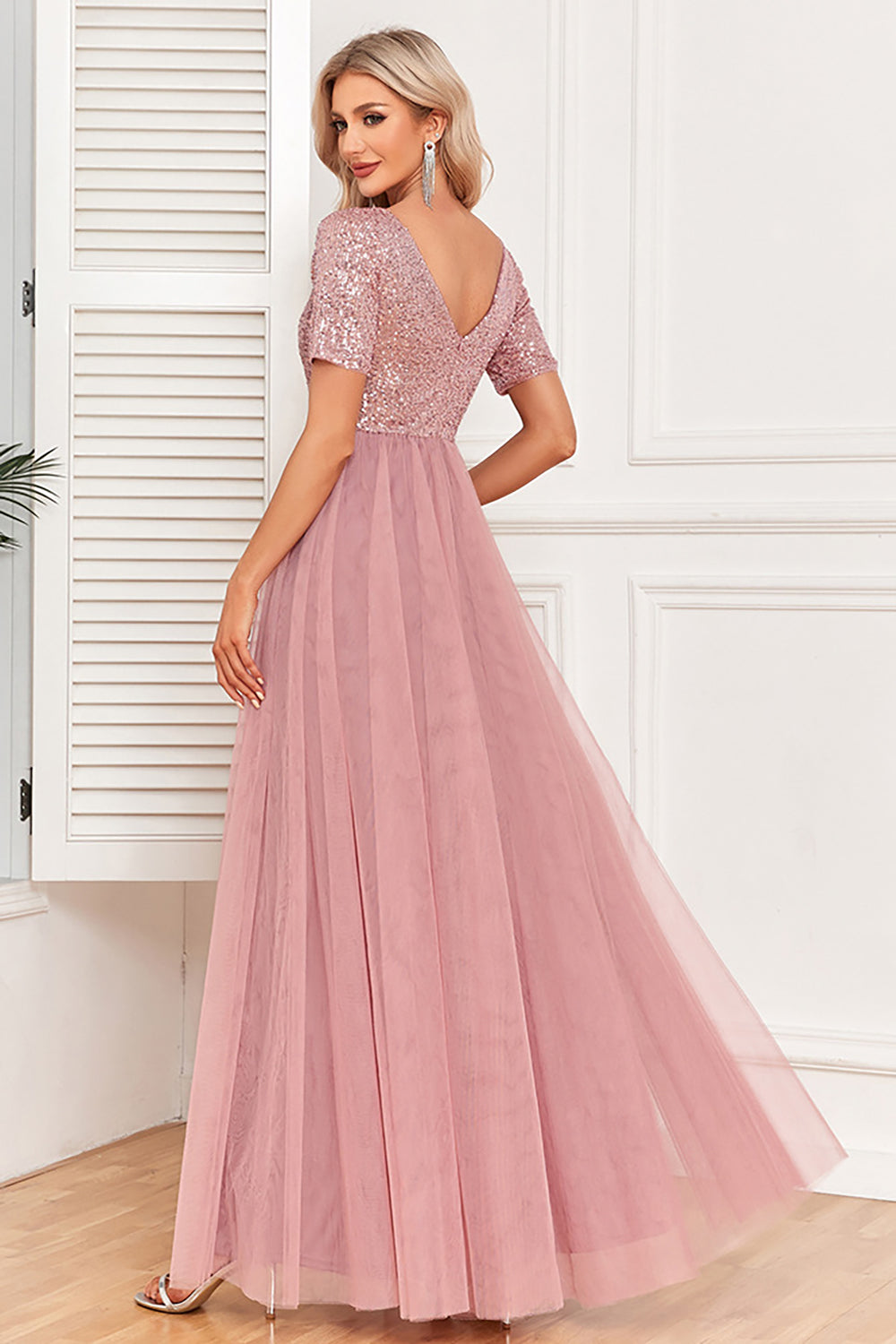 Dusty Rose A-Line V Neck Tulle Ball Dress with Short Sleeves