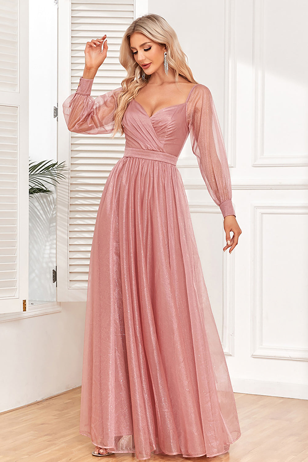 Dusty Rose A-Line Long Sleeves Ball Dress
