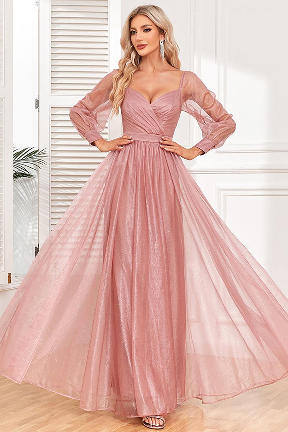 Dusty Rose A-Line Long Sleeves Ball Dress