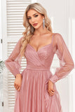 Dusty Rose A-Line Long Sleeves Ball Dress