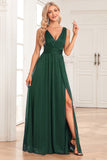 A-Line Sparkly V-Neck Dark Green Ball Dress with Slit