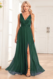A-Line Sparkly V-Neck Dark Green Ball Dress with Slit