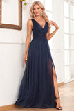 A-Line Sparkly V-Neck Dark Green Ball Dress with Slit