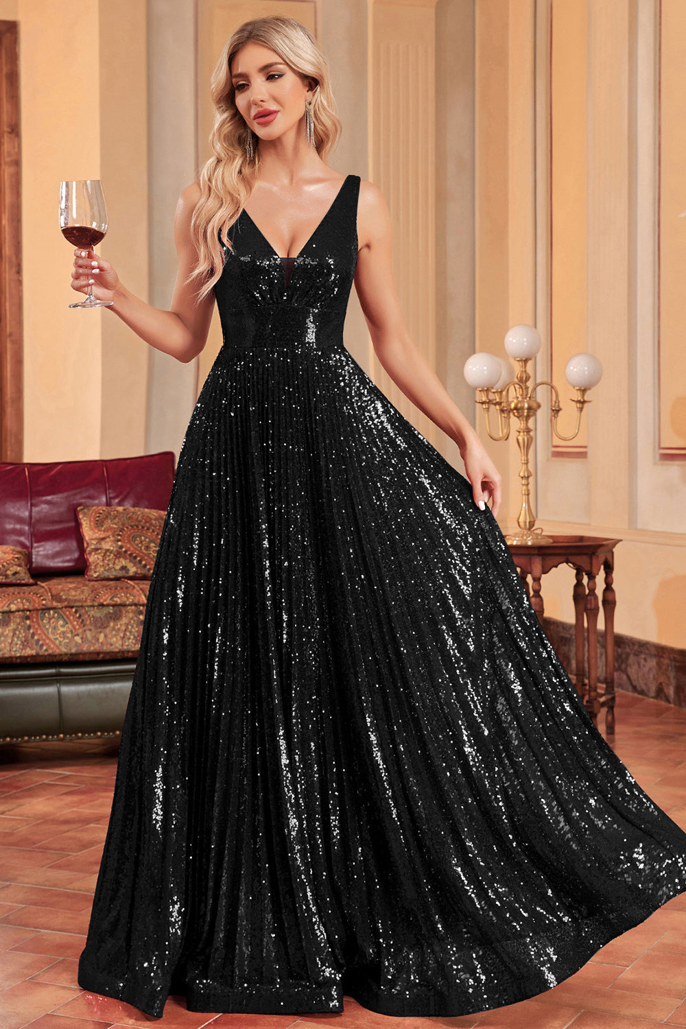 Sparkly A-Line Black Ball Dress with Sequins