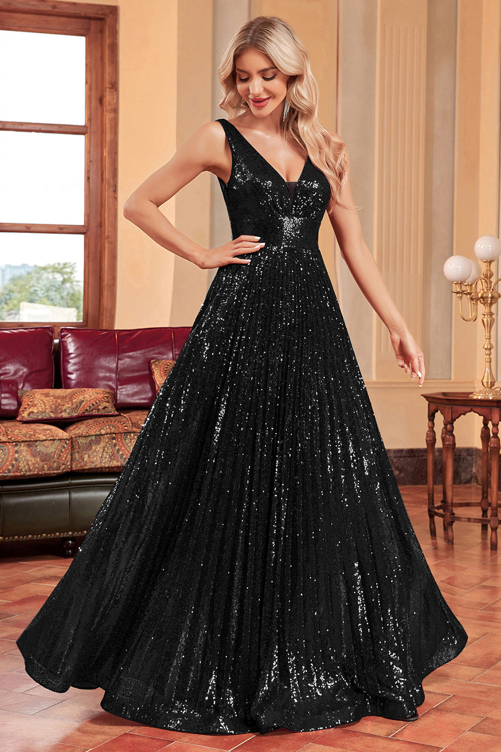 Sparkly A-Line Black Ball Dress with Sequins