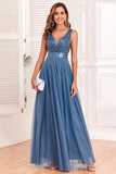 A-Line V-Neck Blue Ball Dress