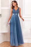 A-Line V-Neck Blue Ball Dress