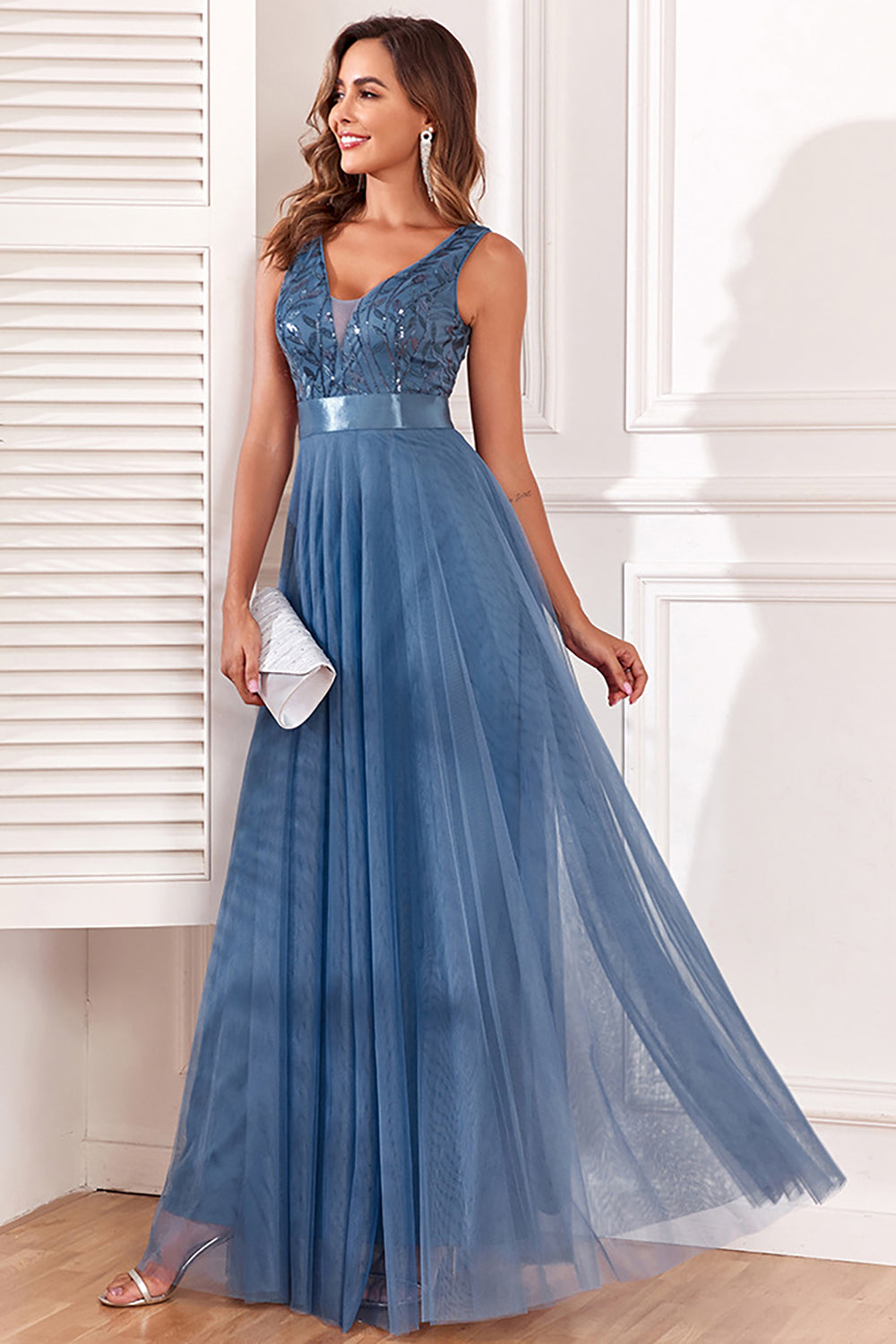 A-Line V-Neck Blue Ball Dress