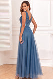 A-Line V-Neck Blue Ball Dress