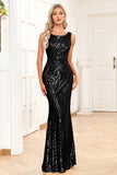 Golden Mermaid Round Neck Sequins Long Ball Dress