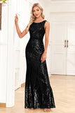 Golden Mermaid Round Neck Sequins Long Ball Dress