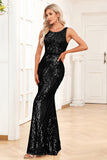 Golden Mermaid Round Neck Sequins Long Ball Dress