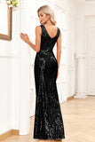 Golden Mermaid Round Neck Sequins Long Ball Dress