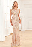 Golden Mermaid Round Neck Sequins Long Ball Dress