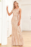 Golden Mermaid Round Neck Sequins Long Ball Dress
