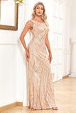 Golden Mermaid Round Neck Sequins Long Ball Dress