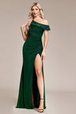 Glitter Dark Green Mermaid One Shoulder Long Ball Dress with Slit