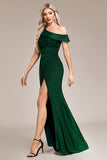 Glitter Dark Green Mermaid One Shoulder Long Ball Dress with Slit