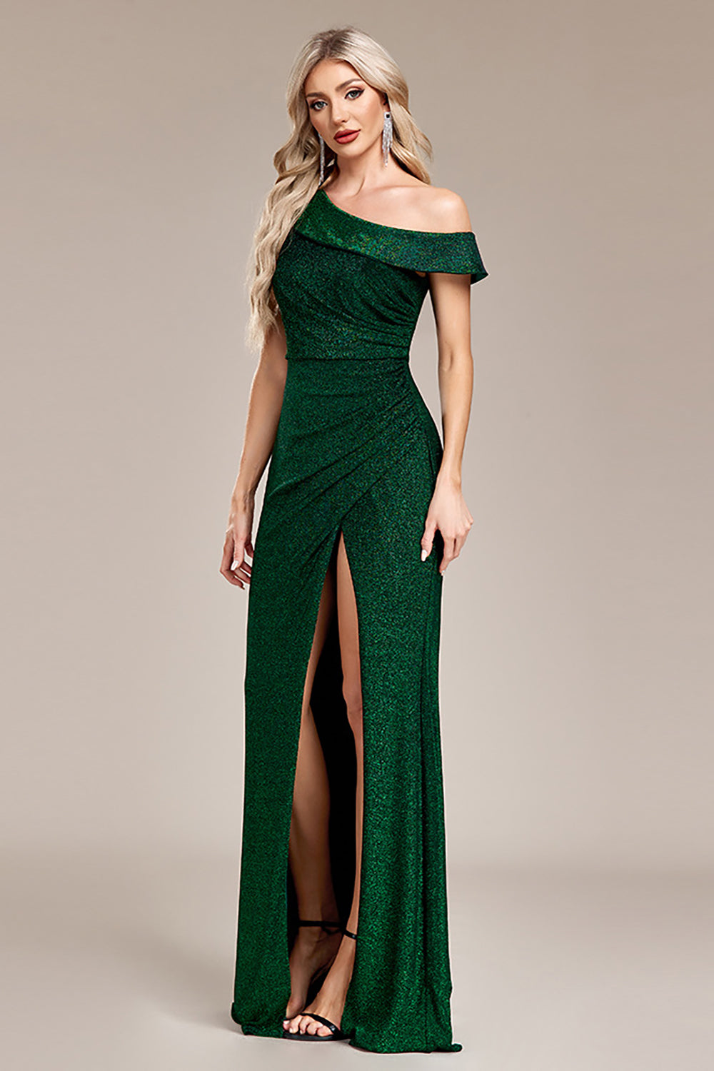 Glitter Dark Green Mermaid One Shoulder Long Ball Dress with Slit