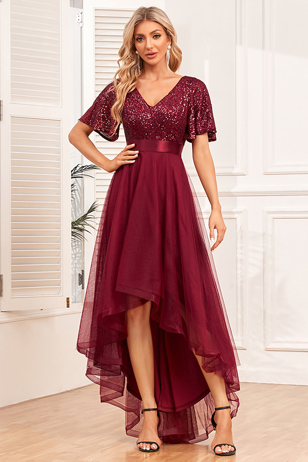 Burgundy A-Line V Neck Short Sleeves High Low Ball Dress