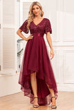 Burgundy A-Line V Neck Short Sleeves High Low Ball Dress