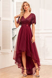 Burgundy A-Line V Neck Short Sleeves High Low Ball Dress