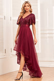Burgundy A-Line V Neck Short Sleeves High Low Ball Dress