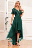 Burgundy A-Line V Neck Short Sleeves High Low Ball Dress