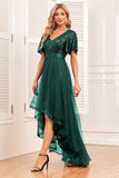 Burgundy A-Line V Neck Short Sleeves High Low Ball Dress
