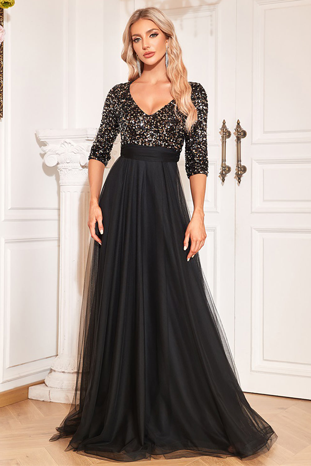 Black A-Line V Neck Short Sleeves Sequins Ball Dress