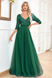 Black A-Line V Neck Short Sleeves Sequins Ball Dress
