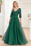 Black A-Line V Neck Short Sleeves Sequins Ball Dress